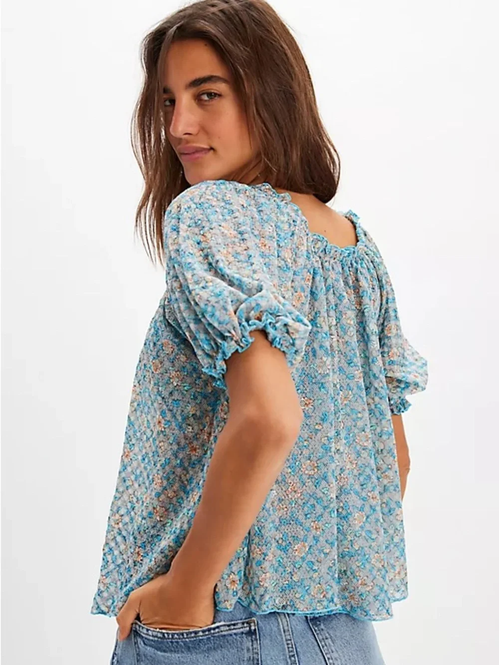 Free People Astra Floral Puff-Sleeve Peasant Top in Light Blue